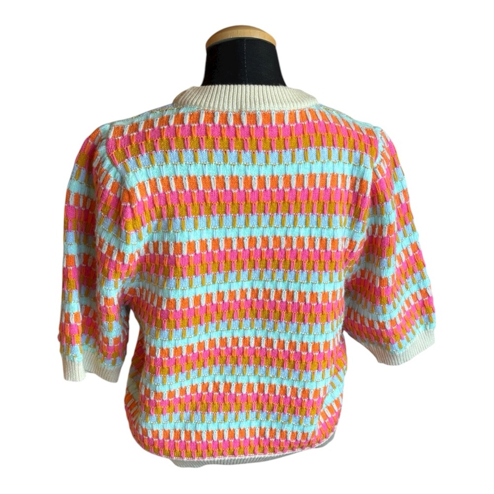 THML Sweater Knit Crochet Pattern Vibrant Rainbow Quarter Sleeve Size S - Picture 8 of 8